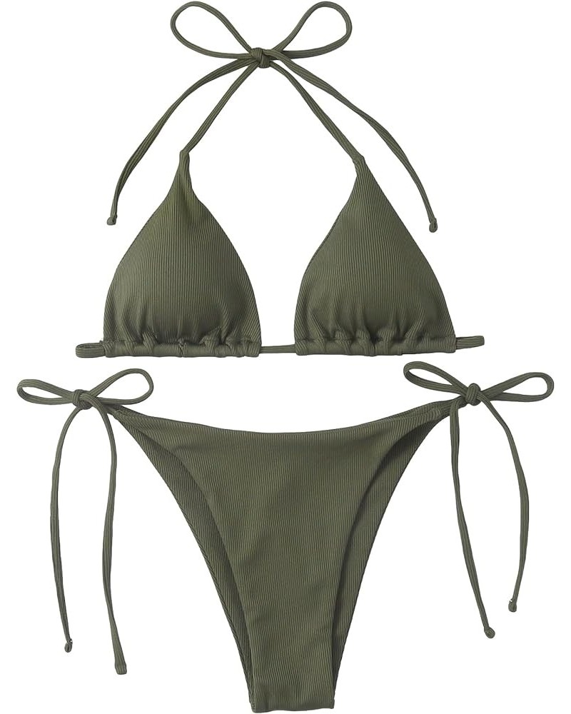 Women's Metallic Halter Top Two Piece Swimsuit Tie Side Triangle Bikini Solid Army Green $15.05 Swimsuits