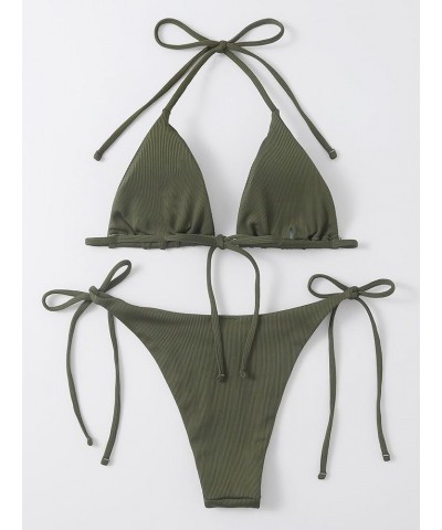 Women's Metallic Halter Top Two Piece Swimsuit Tie Side Triangle Bikini Solid Army Green $15.05 Swimsuits