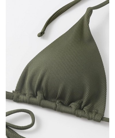 Women's Metallic Halter Top Two Piece Swimsuit Tie Side Triangle Bikini Solid Army Green $15.05 Swimsuits