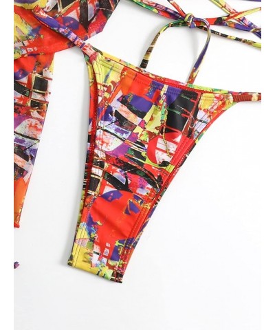 Women's 4 Piece Allover Print Criss Cross Halter Triangle Bikini Swimsuit with Cover Ups Multicoloured $17.48 Swimsuits