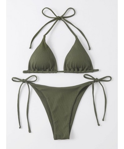 Women's Metallic Halter Top Two Piece Swimsuit Tie Side Triangle Bikini Solid Army Green $15.05 Swimsuits