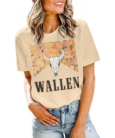 Cow Skull Shirt Women Steer Skull Leopard Western Graphic T-Shirt Country Music Short Sleeve Tee Tops Apricot $7.25 Tops