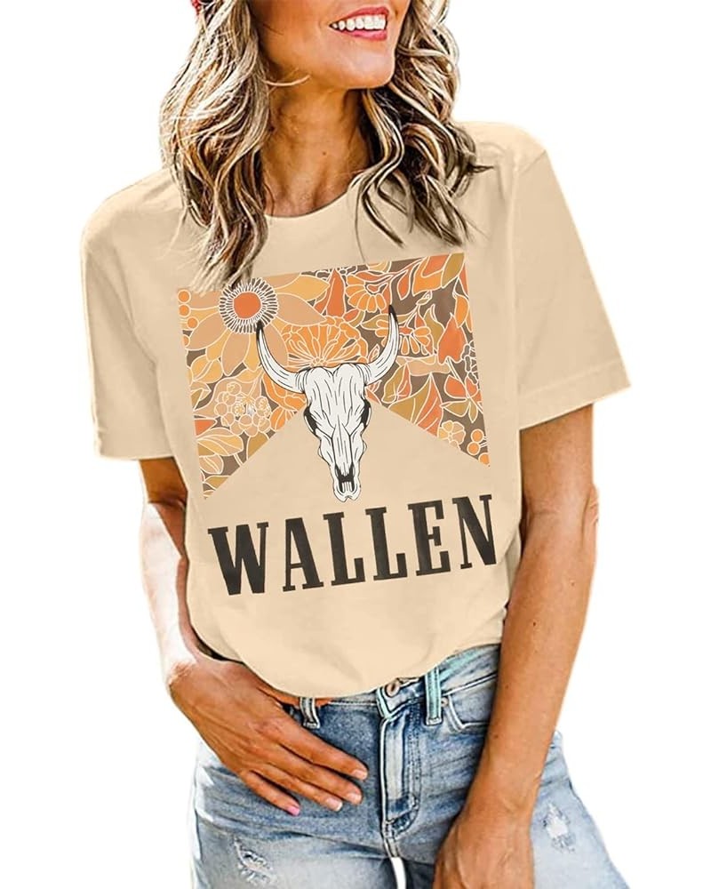 Cow Skull Shirt Women Steer Skull Leopard Western Graphic T-Shirt Country Music Short Sleeve Tee Tops Apricot $7.25 Tops