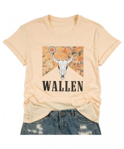 Cow Skull Shirt Women Steer Skull Leopard Western Graphic T-Shirt Country Music Short Sleeve Tee Tops Apricot $7.25 Tops