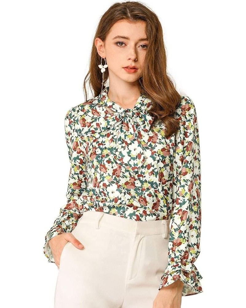 Women's Floral Tops Tie Neck Chiffon Ruffle Trumpet Top Long Sleeve Blouse White Green $11.70 Blouses