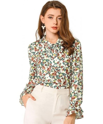 Women's Floral Tops Tie Neck Chiffon Ruffle Trumpet Top Long Sleeve Blouse White Green $11.70 Blouses