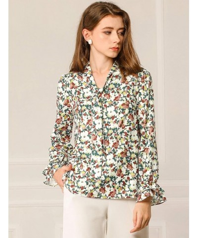 Women's Floral Tops Tie Neck Chiffon Ruffle Trumpet Top Long Sleeve Blouse White Green $11.70 Blouses