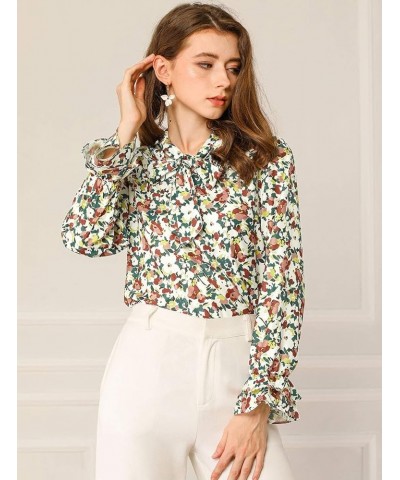 Women's Floral Tops Tie Neck Chiffon Ruffle Trumpet Top Long Sleeve Blouse White Green $11.70 Blouses