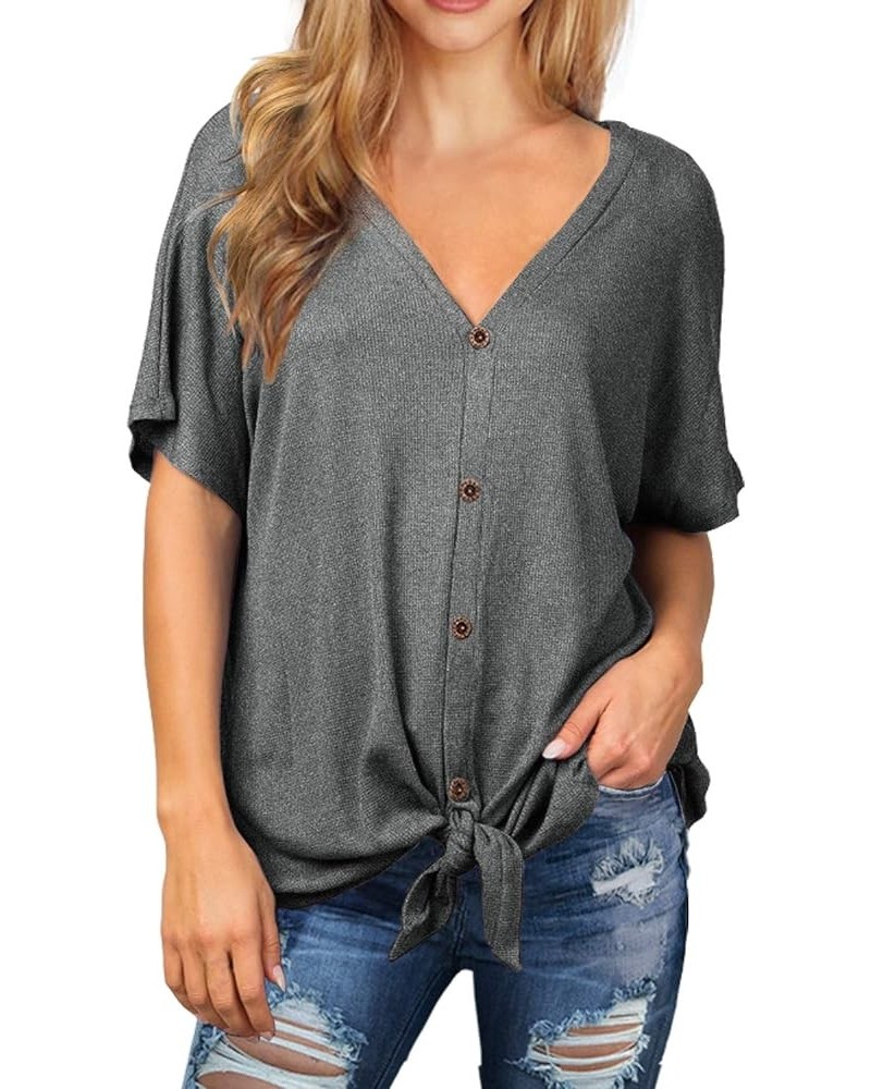 Women's Waffle Knit Tunic Blouse Tie Knot Short Sleeve Henley Tops Loose Fitting Bat Wing Shirts 10 Dark Gray $9.17 Tops