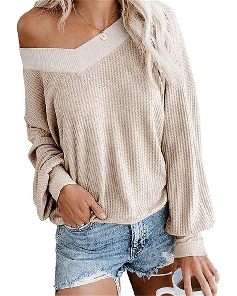 Women's V-Neck Batwing Long Sleeve Waffle Knit T-Shirt Off Shoulder Tops Sweater Khaki $9.89 Sweaters