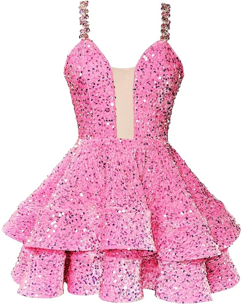 V Neck Homecoming Dreses for Teens Sparkly A-Line Sequins Beaded Straps Short Prom Gown Pink $29.25 Dresses