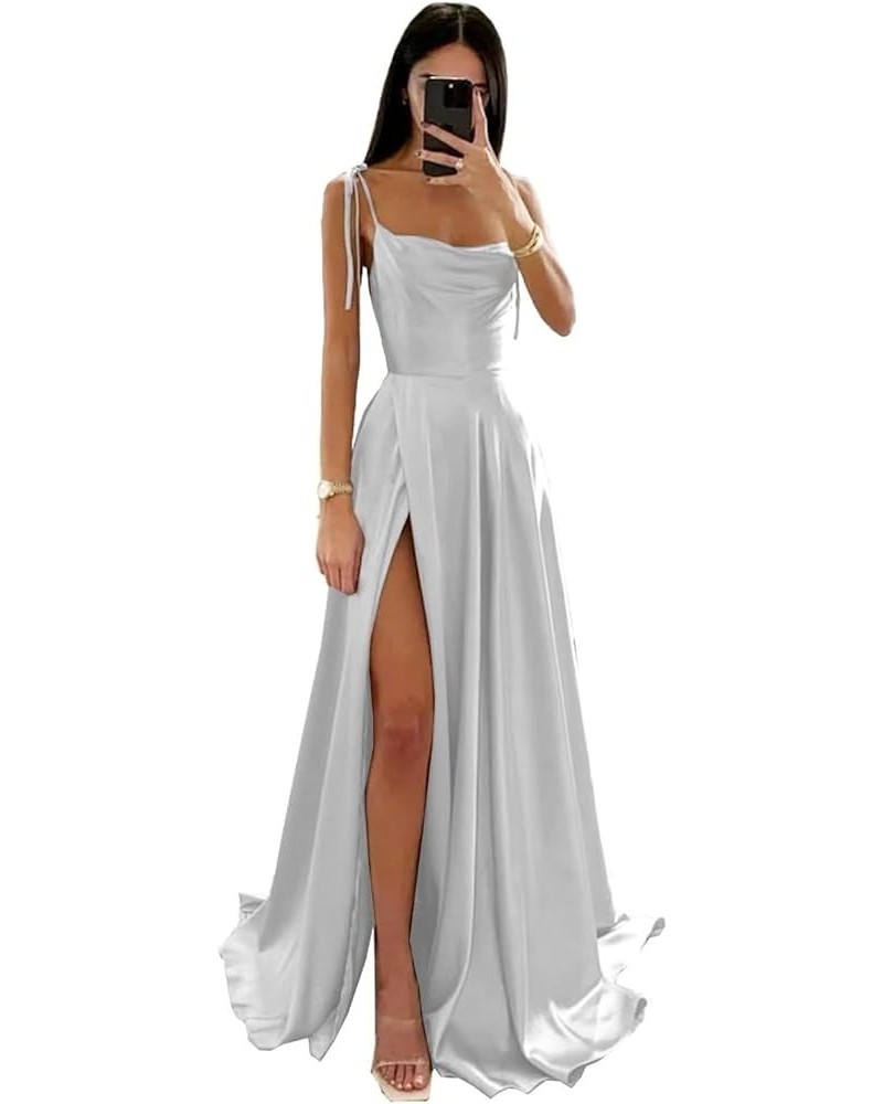 Women's Spaghetti Straps Bridesmaid Dresses with Pockets Split Ruched Satin A Line Formal Evening Gowns AG062 Silver $30.55 D...