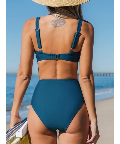 Women's Two Piece High Waisted Tummy Control Twist Front Bikini Set Blue $12.49 Swimsuits