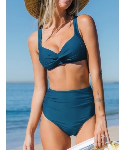 Women's Two Piece High Waisted Tummy Control Twist Front Bikini Set Blue $12.49 Swimsuits