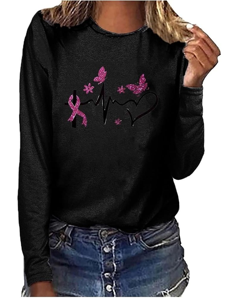 Womens Tops Fall Breast Cancer Survivor Shirts Ribbed Pink Clothes Casual Long Sleeve Top Casual O-Neck Blouses 2023 Black $1...