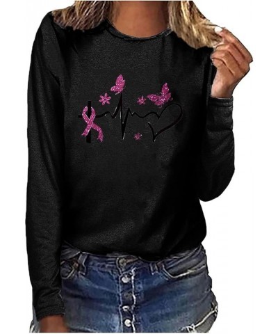 Womens Tops Fall Breast Cancer Survivor Shirts Ribbed Pink Clothes Casual Long Sleeve Top Casual O-Neck Blouses 2023 Black $1...