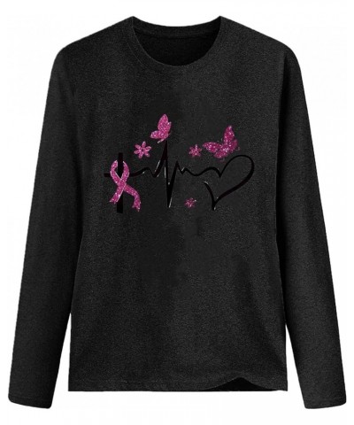 Womens Tops Fall Breast Cancer Survivor Shirts Ribbed Pink Clothes Casual Long Sleeve Top Casual O-Neck Blouses 2023 Black $1...