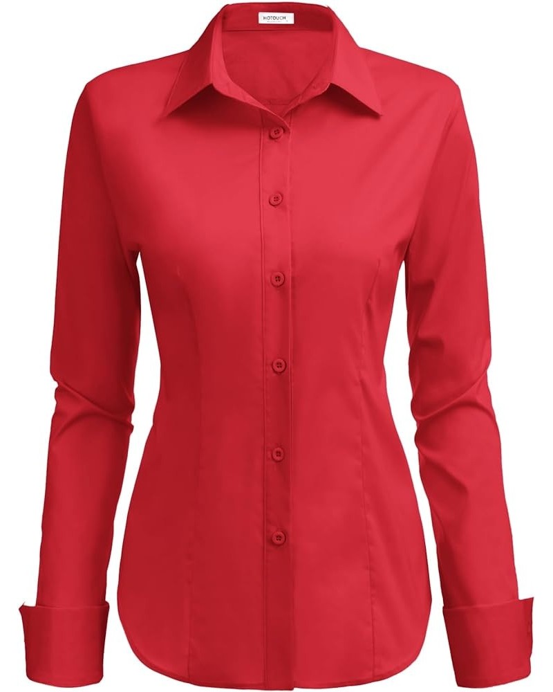 Womens Stretch Basic Button Down Shirt Long Sleeve Slim Fit Dress Shirts Solid Work Office Blouses Top Red(stretch Fabric, a ...