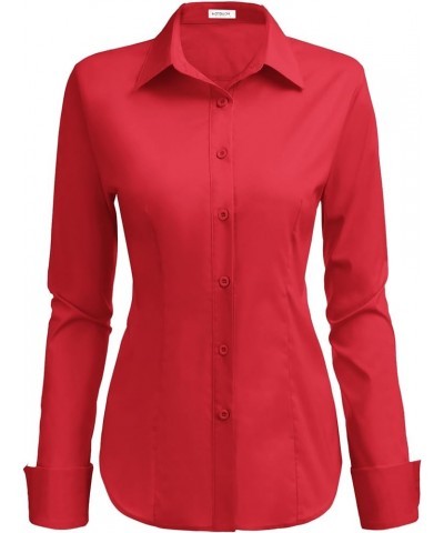 Womens Stretch Basic Button Down Shirt Long Sleeve Slim Fit Dress Shirts Solid Work Office Blouses Top Red(stretch Fabric, a ...