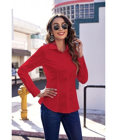 Womens Stretch Basic Button Down Shirt Long Sleeve Slim Fit Dress Shirts Solid Work Office Blouses Top Red(stretch Fabric, a ...