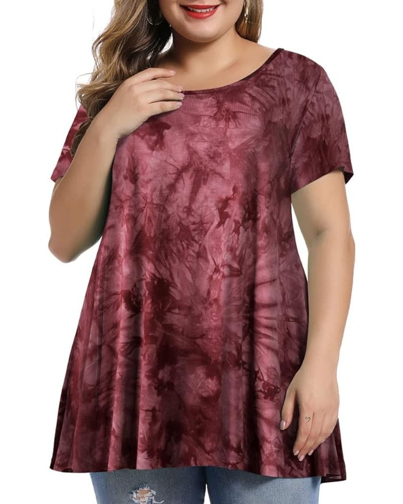 Womens Short Sleeve Casual Loose Fit Flare Swing Tunic Tops Basic T-Shirt Plus Size Tie Dye Wine $14.24 Tops