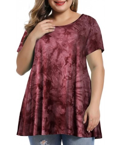 Womens Short Sleeve Casual Loose Fit Flare Swing Tunic Tops Basic T-Shirt Plus Size Tie Dye Wine $14.24 Tops