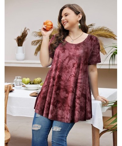 Womens Short Sleeve Casual Loose Fit Flare Swing Tunic Tops Basic T-Shirt Plus Size Tie Dye Wine $14.24 Tops