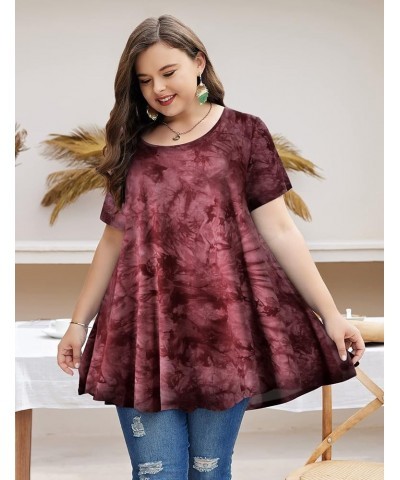 Womens Short Sleeve Casual Loose Fit Flare Swing Tunic Tops Basic T-Shirt Plus Size Tie Dye Wine $14.24 Tops