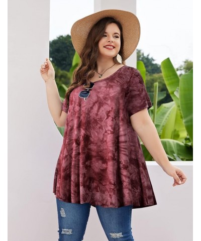 Womens Short Sleeve Casual Loose Fit Flare Swing Tunic Tops Basic T-Shirt Plus Size Tie Dye Wine $14.24 Tops