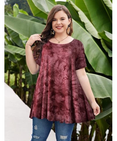 Womens Short Sleeve Casual Loose Fit Flare Swing Tunic Tops Basic T-Shirt Plus Size Tie Dye Wine $14.24 Tops