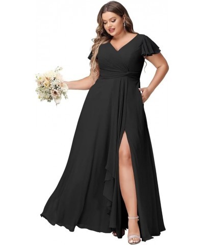 Flutter Sleeves Long Bridesmaid Dress with Pockets Ruched Chiffon Long A-Line Formal Party Dresses with Slit YO063 Black $32....