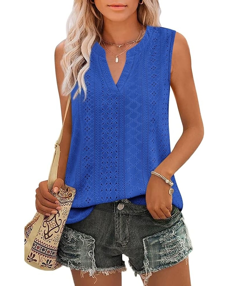 Tank Top for Women Loose Fit Sleeveless V Neck Tops Dressy Casual Eyelet Summer Flowy Cami Shirts Blouse Royal Blue $11.20 Tanks