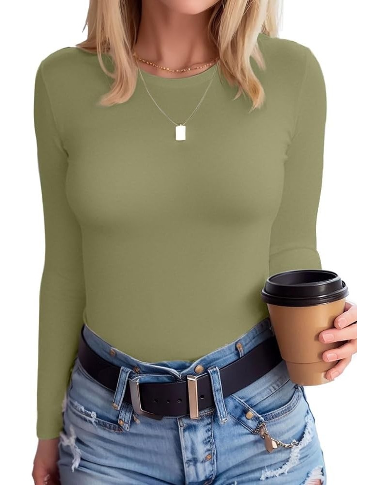Womens Round Neck Long/Short Sleeve Shirts Ribbed Casual Slim Fitted Tops Blouses Long Sleeve Long-green2 $8.28 Tops