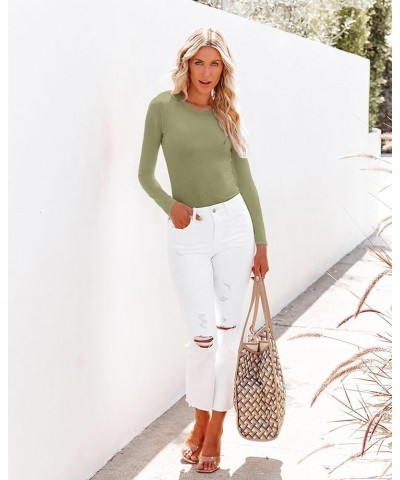 Womens Round Neck Long/Short Sleeve Shirts Ribbed Casual Slim Fitted Tops Blouses Long Sleeve Long-green2 $8.28 Tops