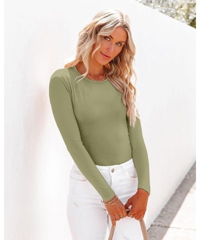 Womens Round Neck Long/Short Sleeve Shirts Ribbed Casual Slim Fitted Tops Blouses Long Sleeve Long-green2 $8.28 Tops