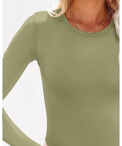 Womens Round Neck Long/Short Sleeve Shirts Ribbed Casual Slim Fitted Tops Blouses Long Sleeve Long-green2 $8.28 Tops