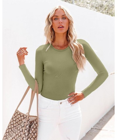 Womens Round Neck Long/Short Sleeve Shirts Ribbed Casual Slim Fitted Tops Blouses Long Sleeve Long-green2 $8.28 Tops