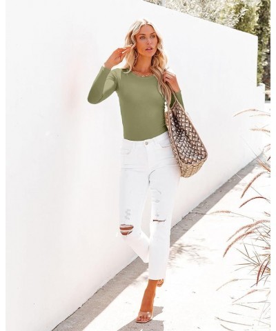 Womens Round Neck Long/Short Sleeve Shirts Ribbed Casual Slim Fitted Tops Blouses Long Sleeve Long-green2 $8.28 Tops