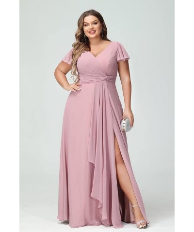 Flutter Sleeves Long Bridesmaid Dress with Pockets Ruched Chiffon Long A-Line Formal Party Dresses with Slit YO063 Black $32....