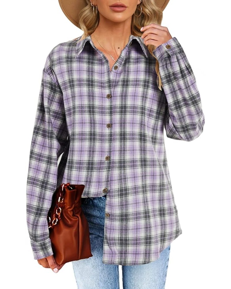 Women's Long Sleeve Plaid Shirts Flannel Collared Button Down Shacket Casual Rolled Up Boyfriend Blouse Tops Light Purple - 6...