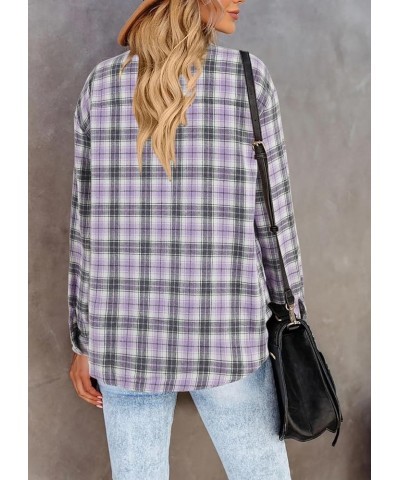 Women's Long Sleeve Plaid Shirts Flannel Collared Button Down Shacket Casual Rolled Up Boyfriend Blouse Tops Light Purple - 6...