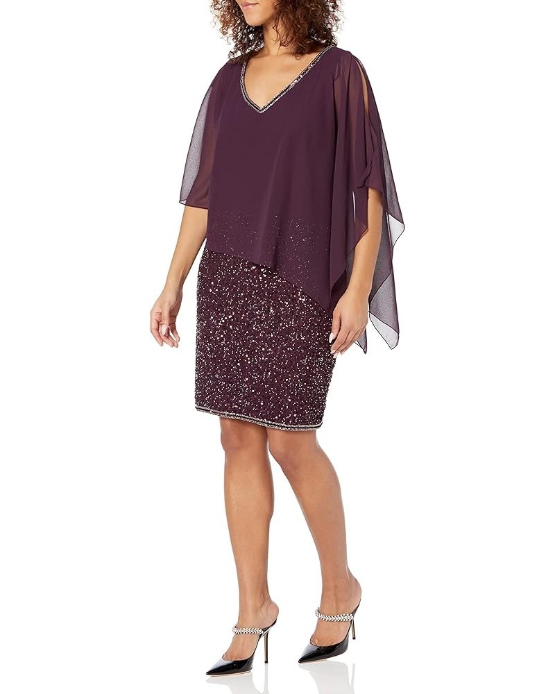 Women's Short Beaded Cocktail Dress with Cold Shoulder Caplet Sleeves Wine/Mercury $22.66 Dresses