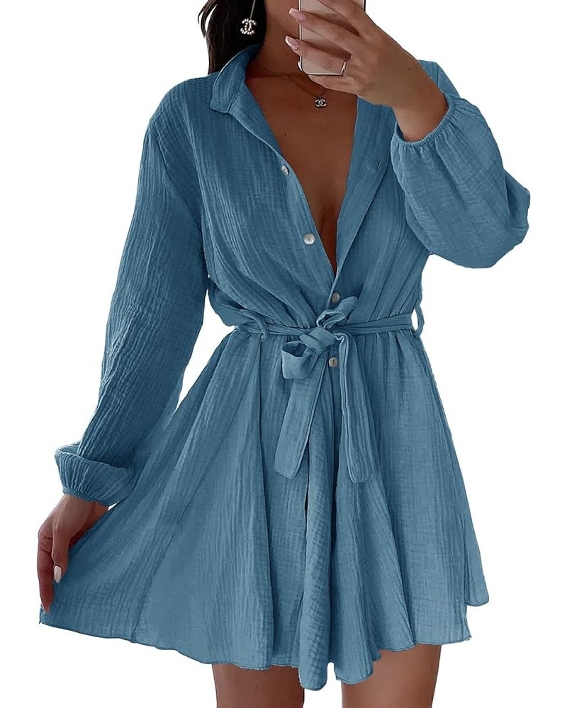 Womens Button Down V Neck Dresses Tunic Tie Waist Swing Mini Dress Casual Solid Long Sleeve Shirt Tops with Belt Blue $19.53 ...