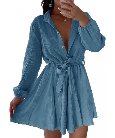 Womens Button Down V Neck Dresses Tunic Tie Waist Swing Mini Dress Casual Solid Long Sleeve Shirt Tops with Belt Blue $19.53 ...