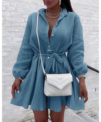 Womens Button Down V Neck Dresses Tunic Tie Waist Swing Mini Dress Casual Solid Long Sleeve Shirt Tops with Belt Blue $19.53 ...