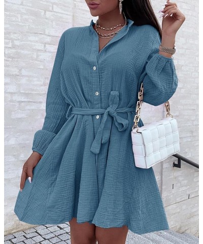 Womens Button Down V Neck Dresses Tunic Tie Waist Swing Mini Dress Casual Solid Long Sleeve Shirt Tops with Belt Blue $19.53 ...