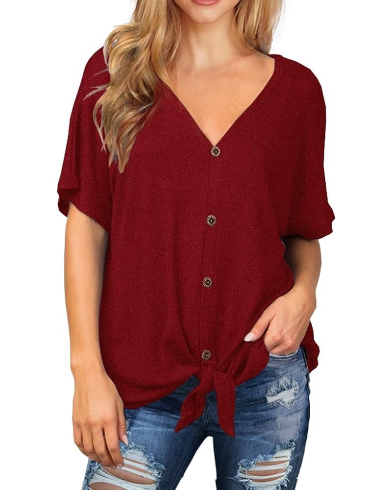 Women's Waffle Knit Tunic Blouse Tie Knot Short Sleeve Henley Tops Loose Fitting Bat Wing Shirts 14 Red $9.17 Tops