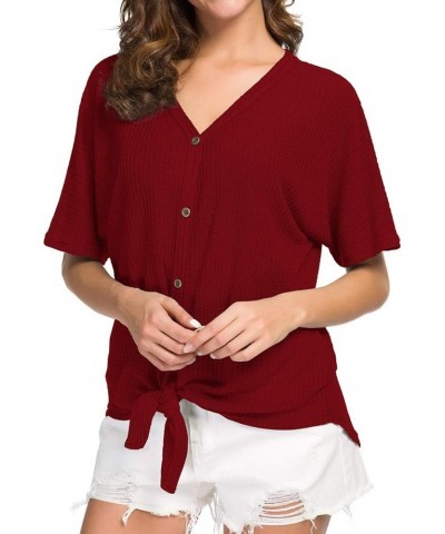 Women's Waffle Knit Tunic Blouse Tie Knot Short Sleeve Henley Tops Loose Fitting Bat Wing Shirts 14 Red $9.17 Tops