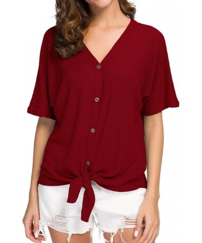 Women's Waffle Knit Tunic Blouse Tie Knot Short Sleeve Henley Tops Loose Fitting Bat Wing Shirts 14 Red $9.17 Tops