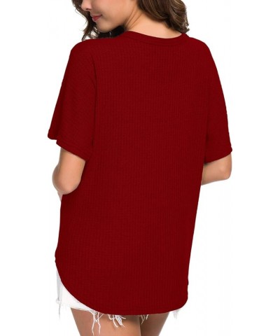 Women's Waffle Knit Tunic Blouse Tie Knot Short Sleeve Henley Tops Loose Fitting Bat Wing Shirts 14 Red $9.17 Tops